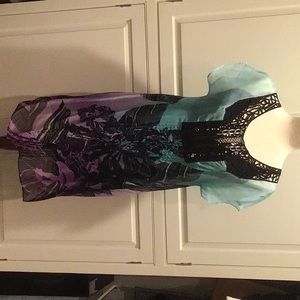 ZARA 100% SILK TURQUOISE/BLACK/LAVENDER DRESS